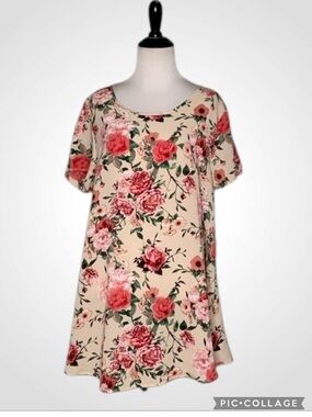 Misia Pink & Peachy Rose Floral Springtime Short Sleeve Casual Tunic M
